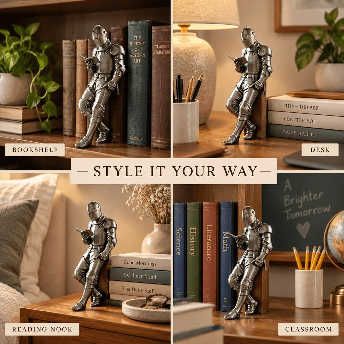 Reading Knight Bookshelf Statue | Medieval Fantasy Bookend Décor