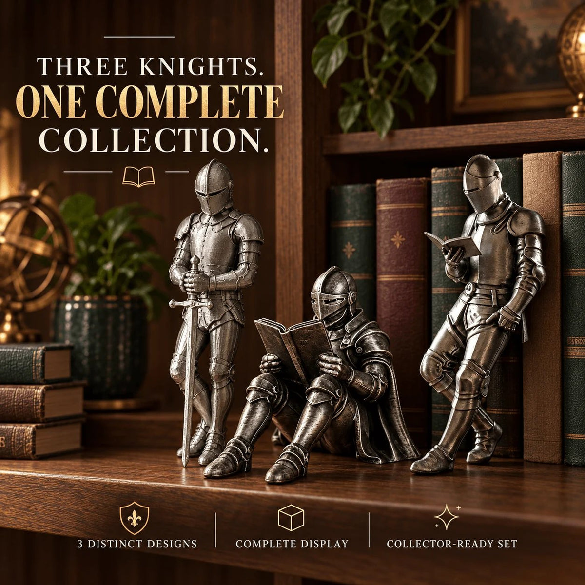 Reading Knight Bookshelf Statue | Medieval Fantasy Bookend Décor
