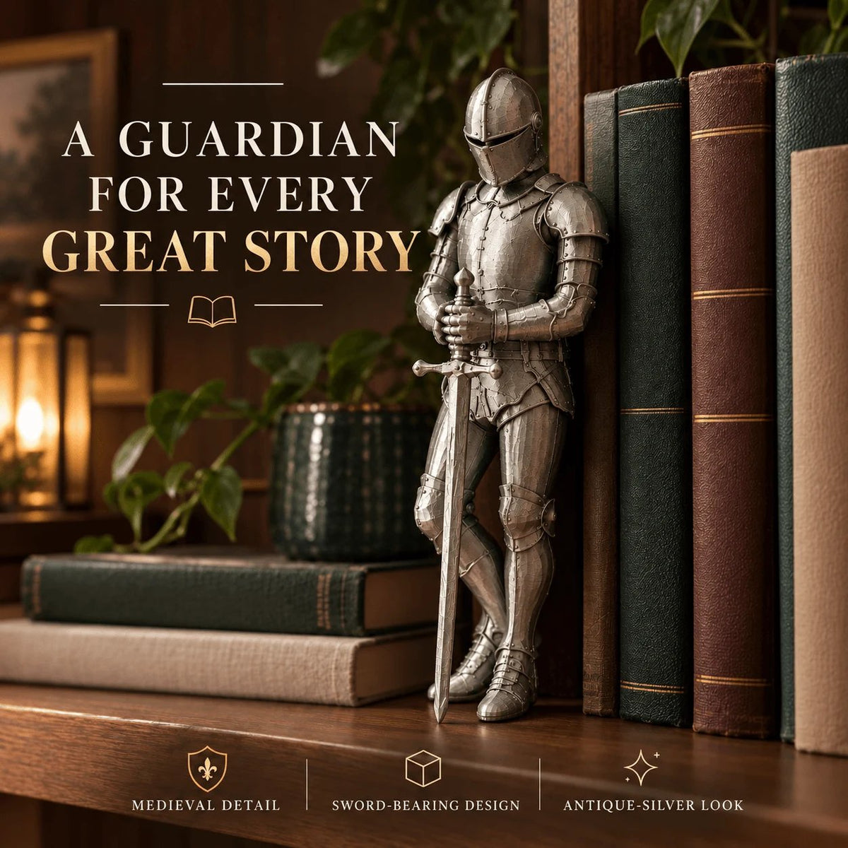 Reading Knight Bookshelf Statue | Medieval Fantasy Bookend Décor