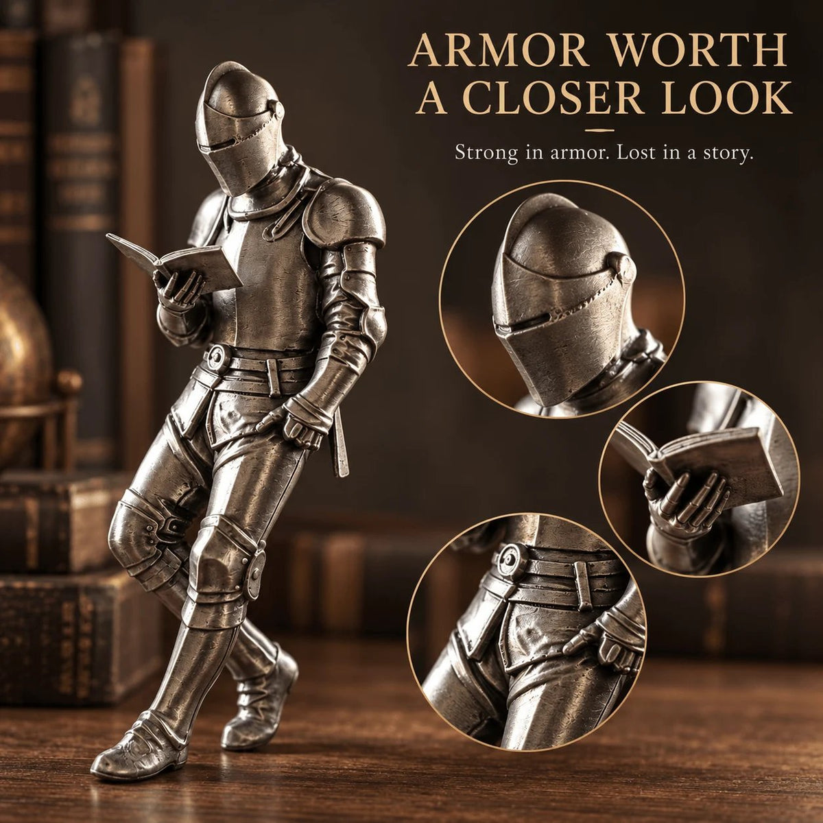 Reading Knight Bookshelf Statue | Medieval Fantasy Bookend Décor