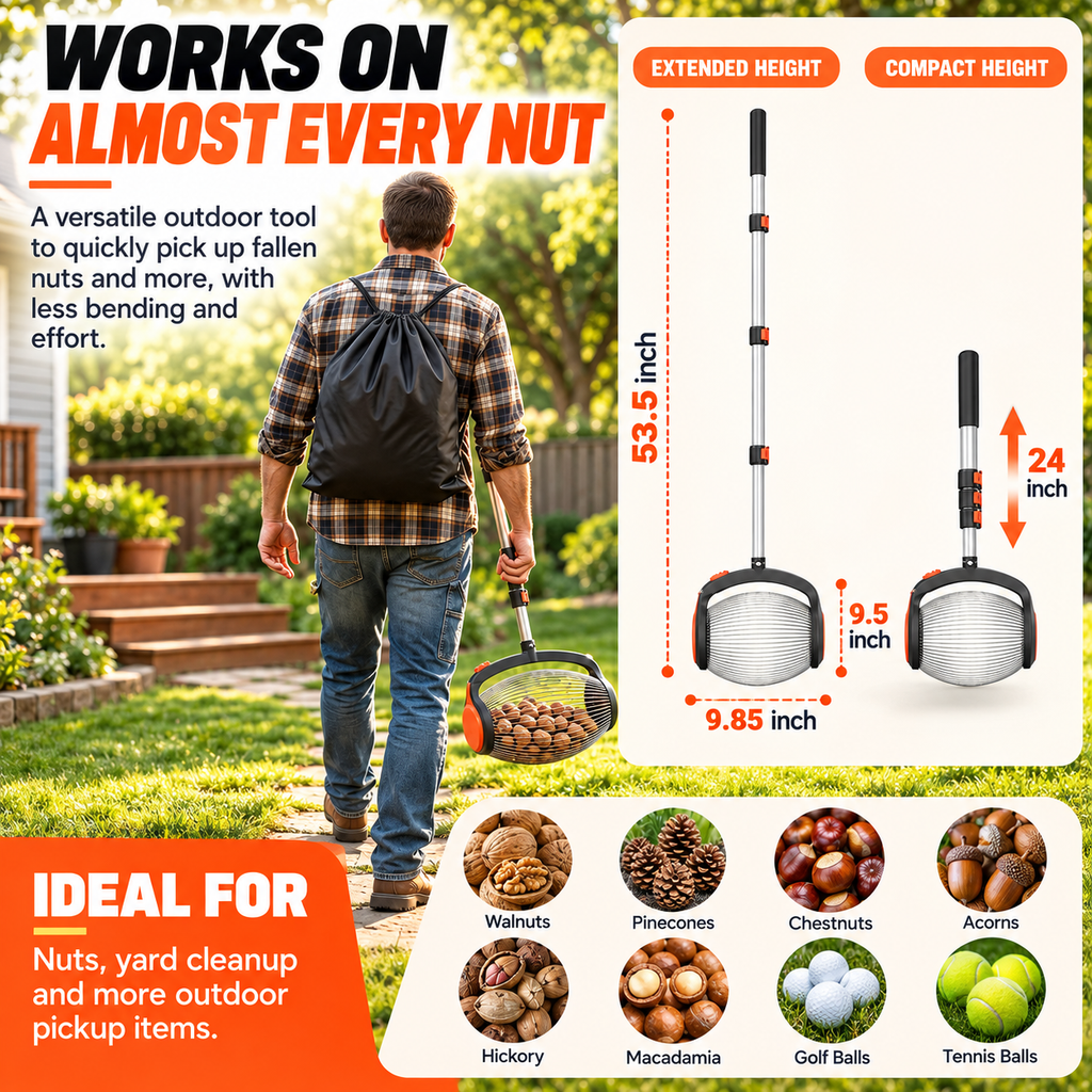 Telescopic Nut Picker with Foot Release – Rolling Collector for Walnuts, Acorns & Pinecones, Yard Cleaning Tool
