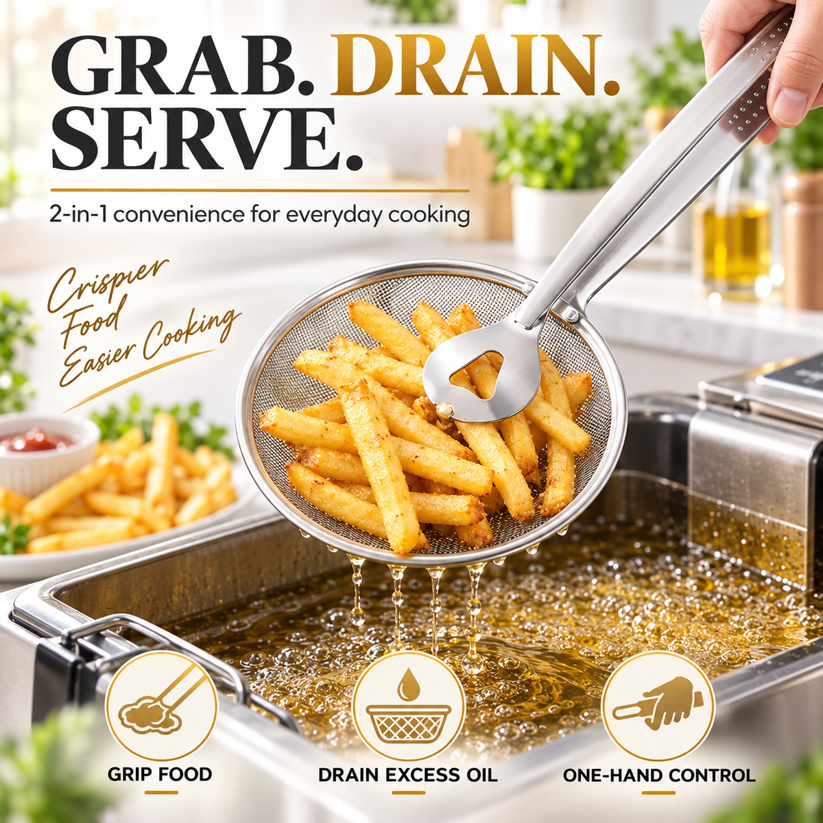50% OFF Today 2-in-1 Spider Strainer Tongs for Frying & Draining