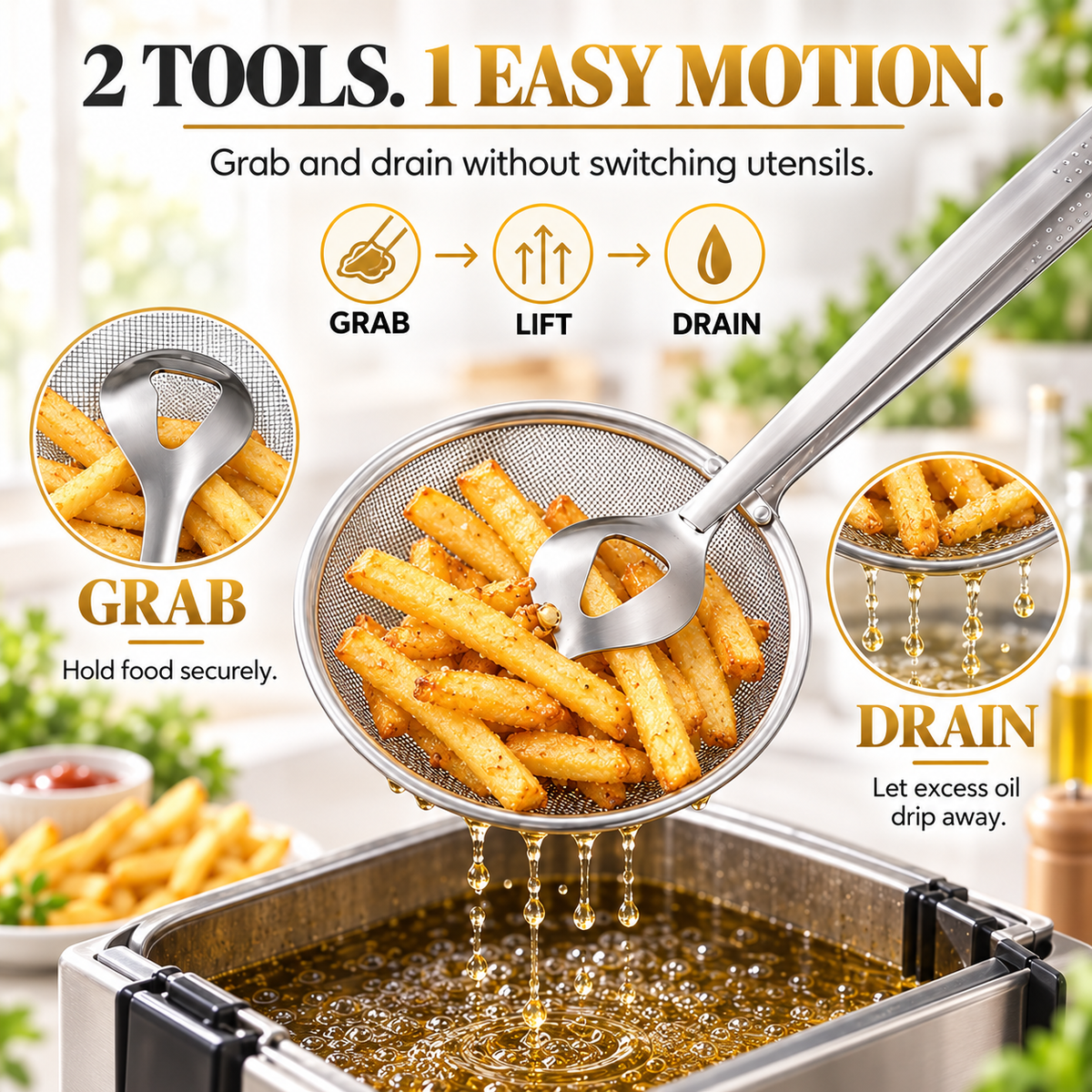 50% OFF Today 2-in-1 Spider Strainer Tongs for Frying & Draining