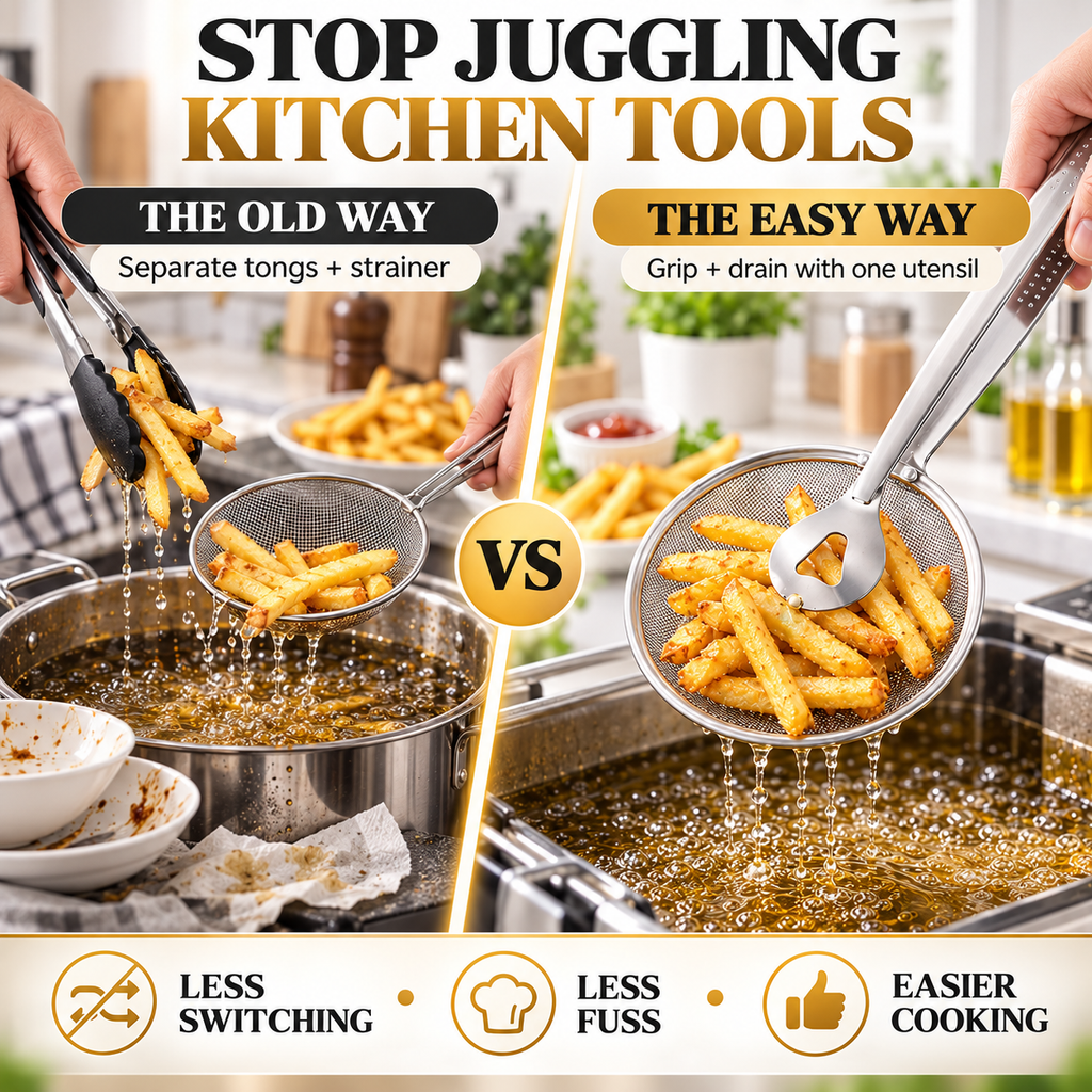 50% OFF Today 2-in-1 Spider Strainer Tongs for Frying & Draining