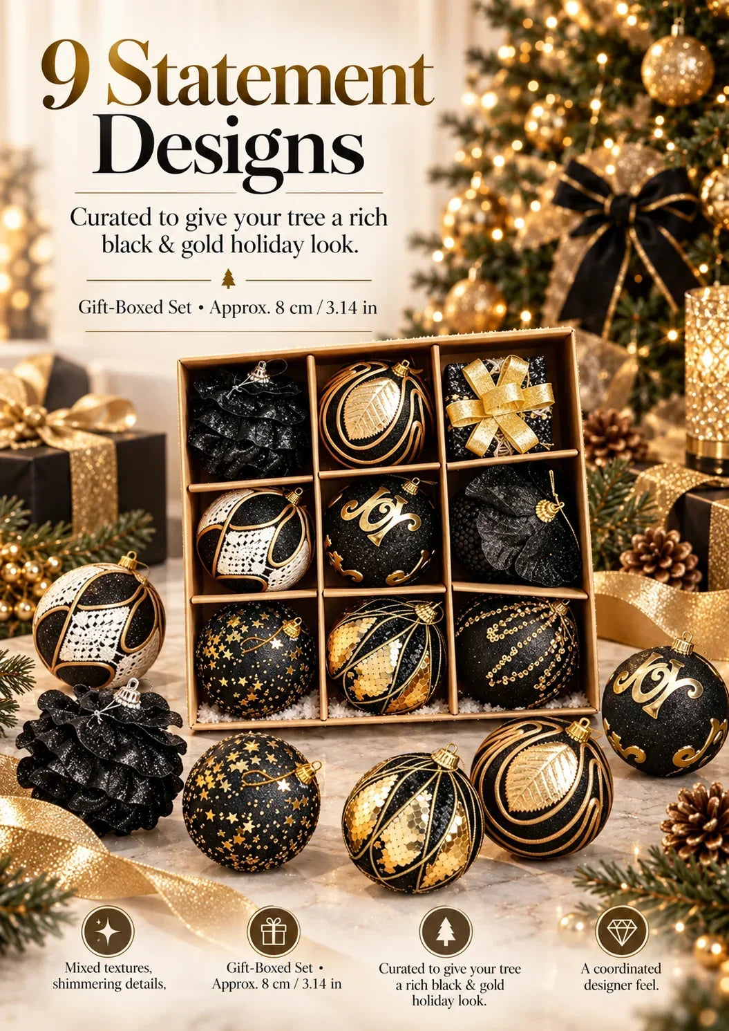 The Black & Gold Christmas Edit – 9 Statement Ornaments | 50% Off