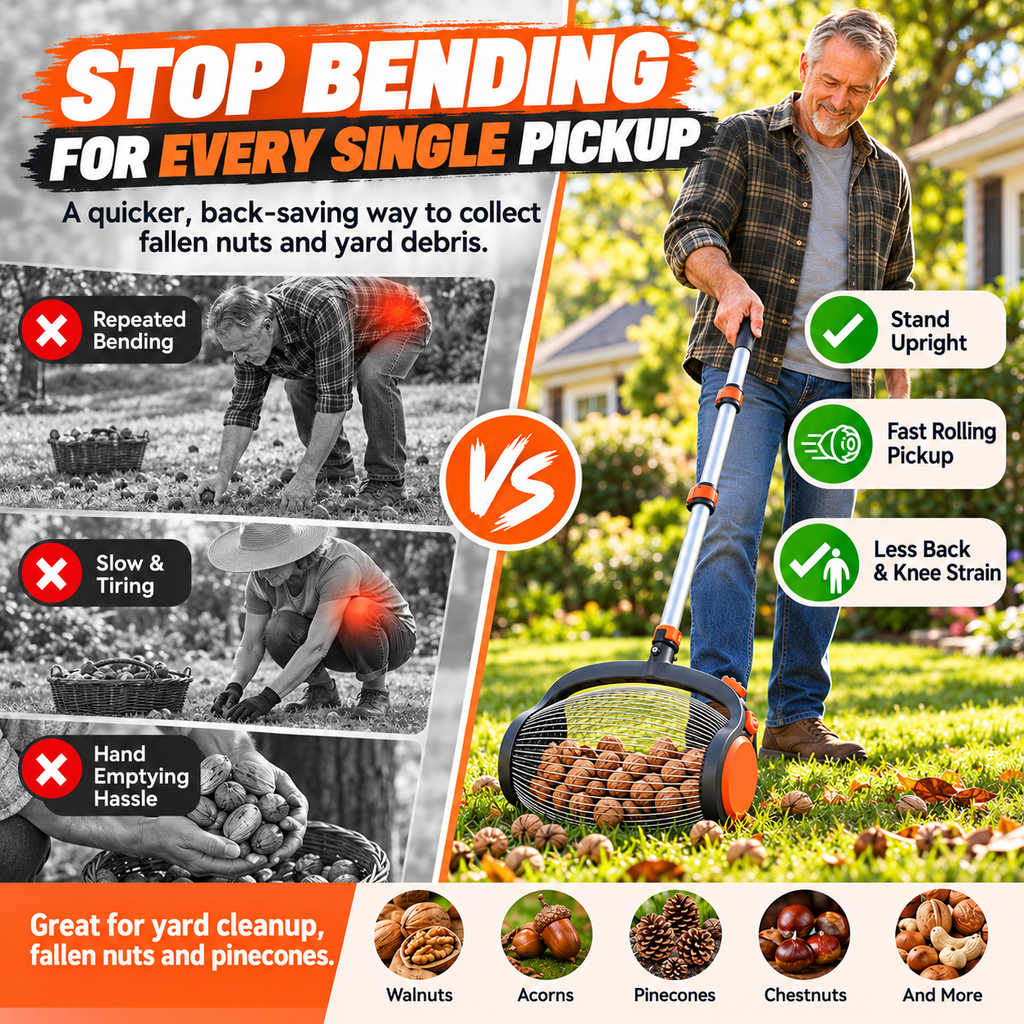 Telescopic Nut Picker with Foot Release – Rolling Collector for Walnuts, Acorns & Pinecones, Yard Cleaning Tool
