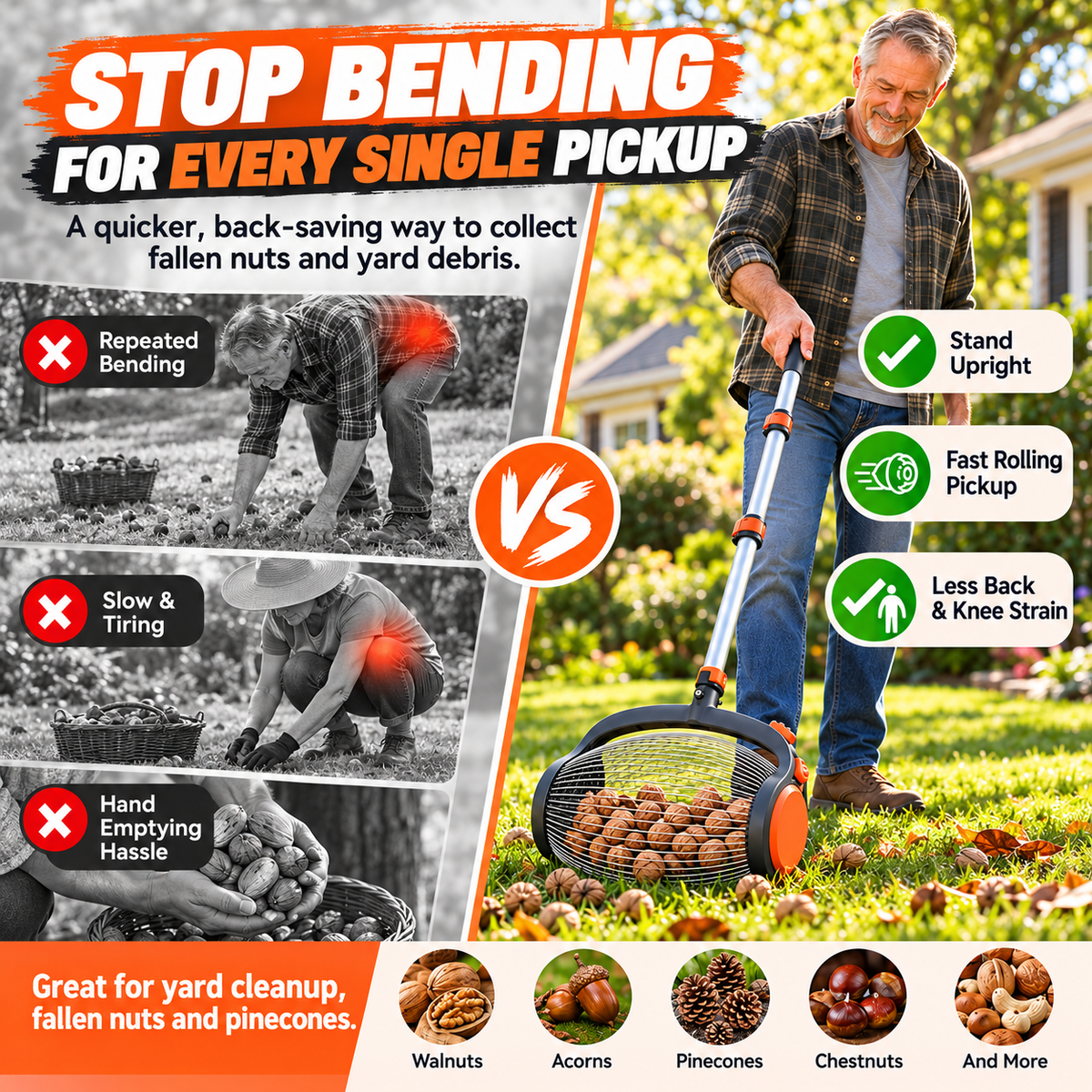 Telescopic Nut Picker with Foot Release – Rolling Collector for Walnuts, Acorns & Pinecones, Yard Cleaning Tool