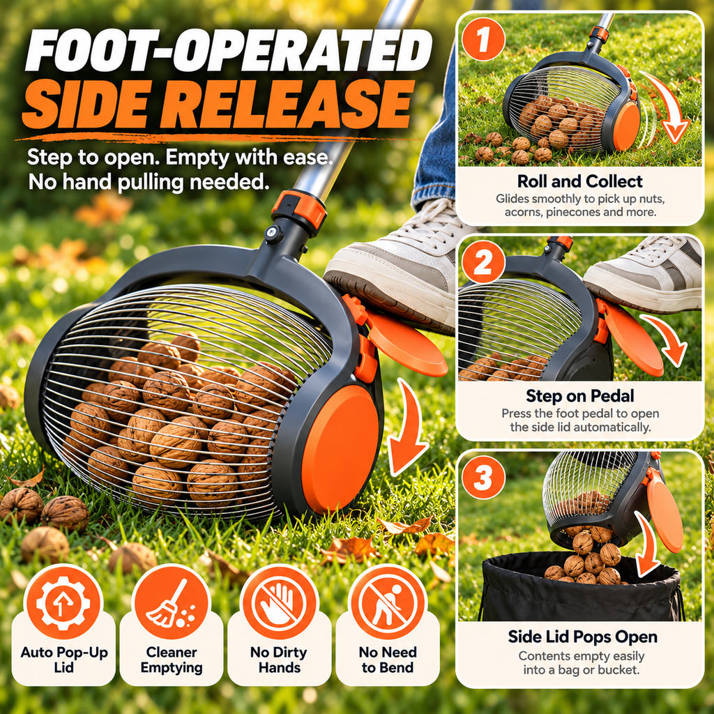 Telescopic Nut Picker with Foot Release – Rolling Collector for Walnuts, Acorns & Pinecones, Yard Cleaning Tool