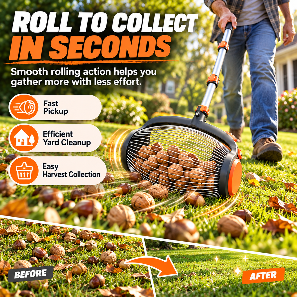 Telescopic Nut Picker with Foot Release – Rolling Collector for Walnuts, Acorns & Pinecones, Yard Cleaning Tool