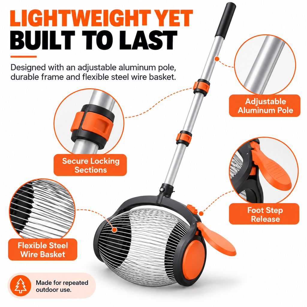 Telescopic Nut Picker with Foot Release – Rolling Collector for Walnuts, Acorns & Pinecones, Yard Cleaning Tool