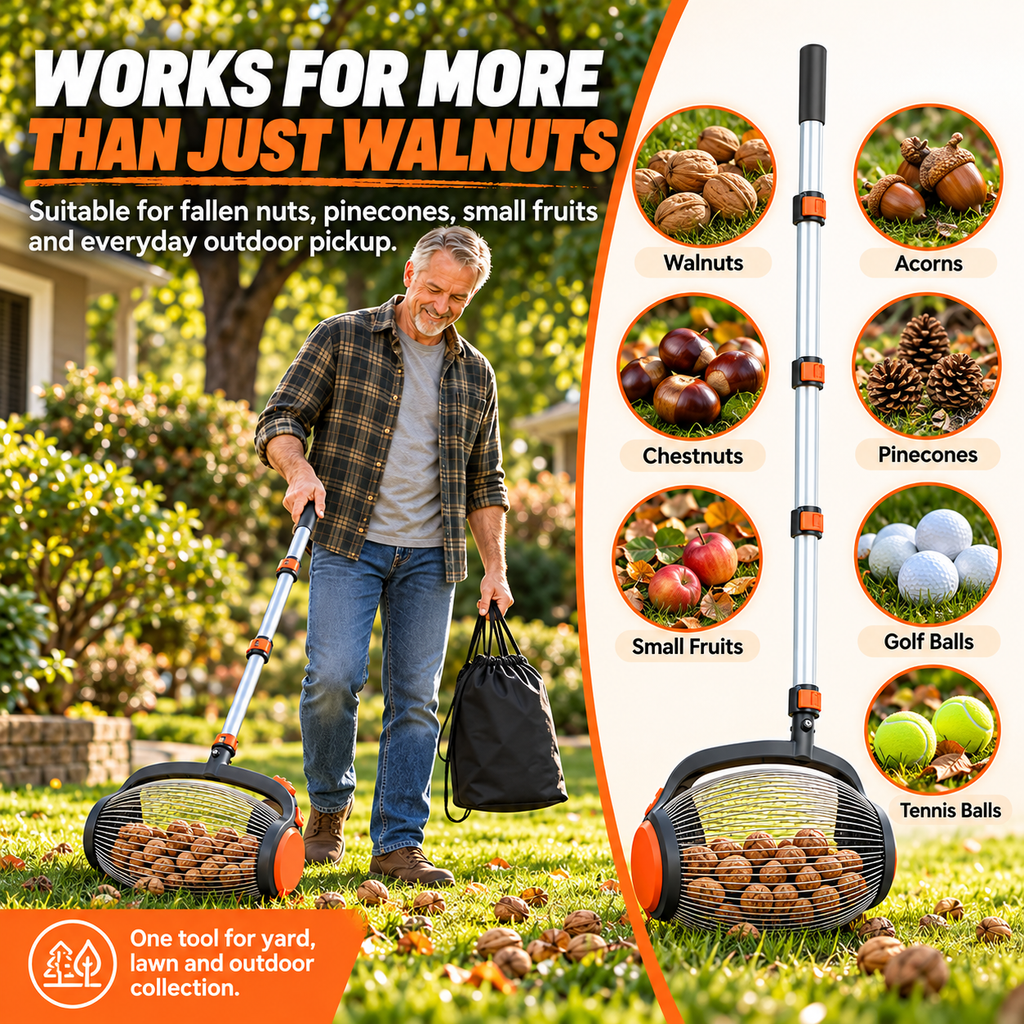 Telescopic Nut Picker with Foot Release – Rolling Collector for Walnuts, Acorns & Pinecones, Yard Cleaning Tool
