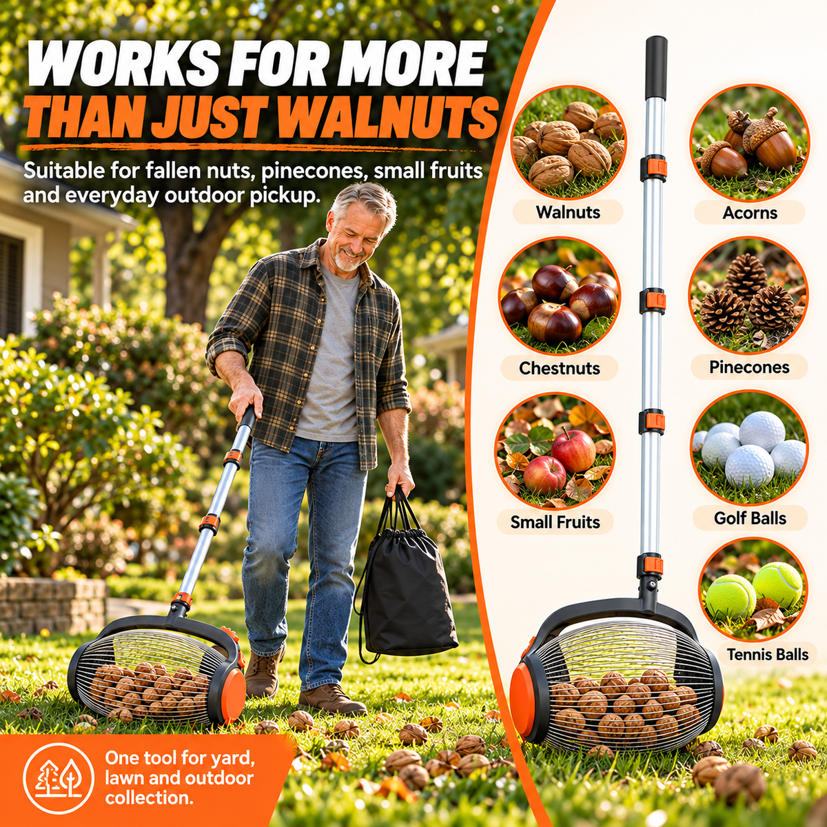 Telescopic Nut Picker with Foot Release – Rolling Collector for Walnuts, Acorns & Pinecones, Yard Cleaning Tool