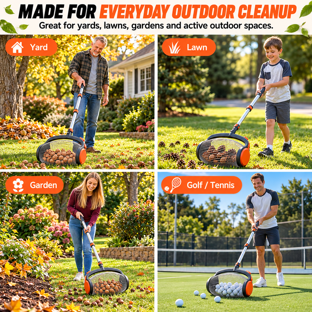 Telescopic Nut Picker with Foot Release – Rolling Collector for Walnuts, Acorns & Pinecones, Yard Cleaning Tool