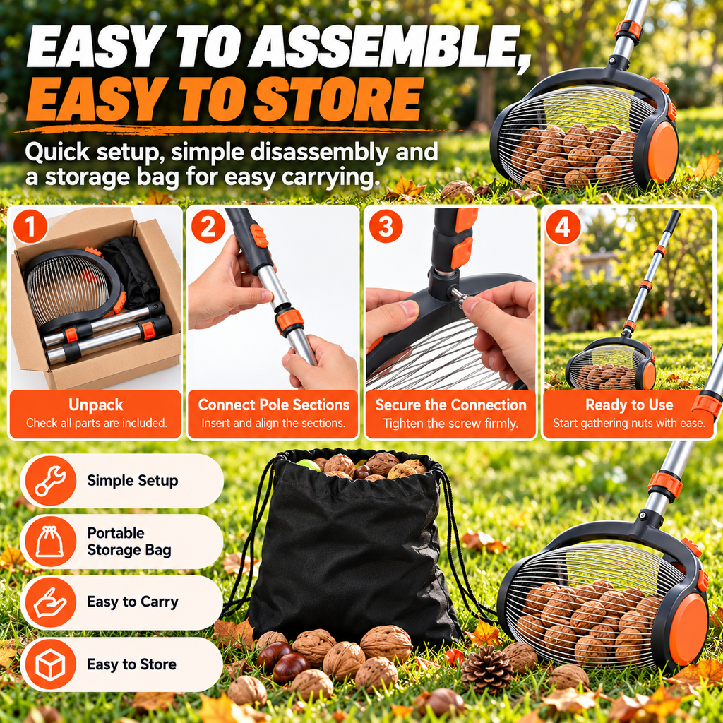 Telescopic Nut Picker with Foot Release – Rolling Collector for Walnuts, Acorns & Pinecones, Yard Cleaning Tool