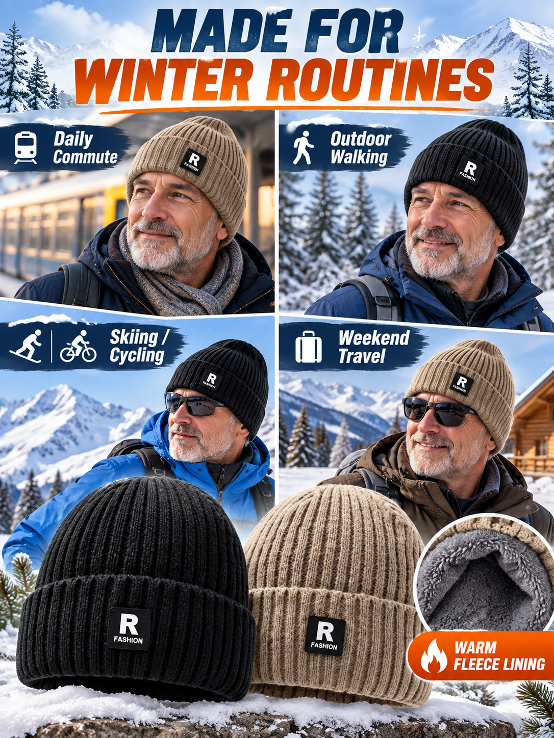 Winter Style Deal – Men’s Thermal Knit Beanie  Thick Fleece-Lined Cuffed Hat for Cycling, Skiing & Outdoor Wear