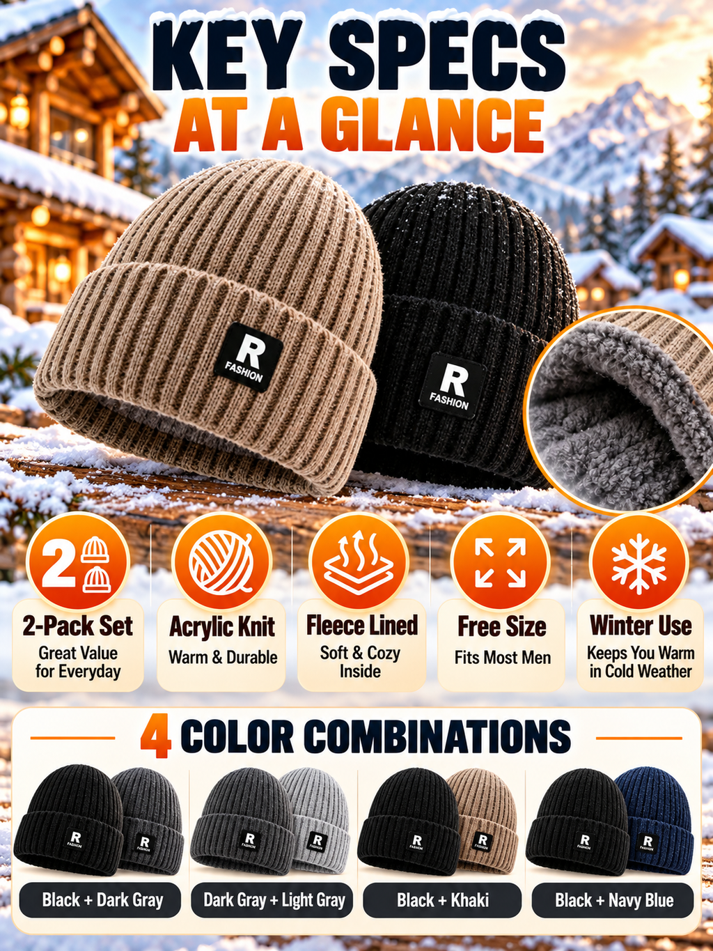 Winter Style Deal – Men’s Thermal Knit Beanie  Thick Fleece-Lined Cuffed Hat for Cycling, Skiing & Outdoor Wear