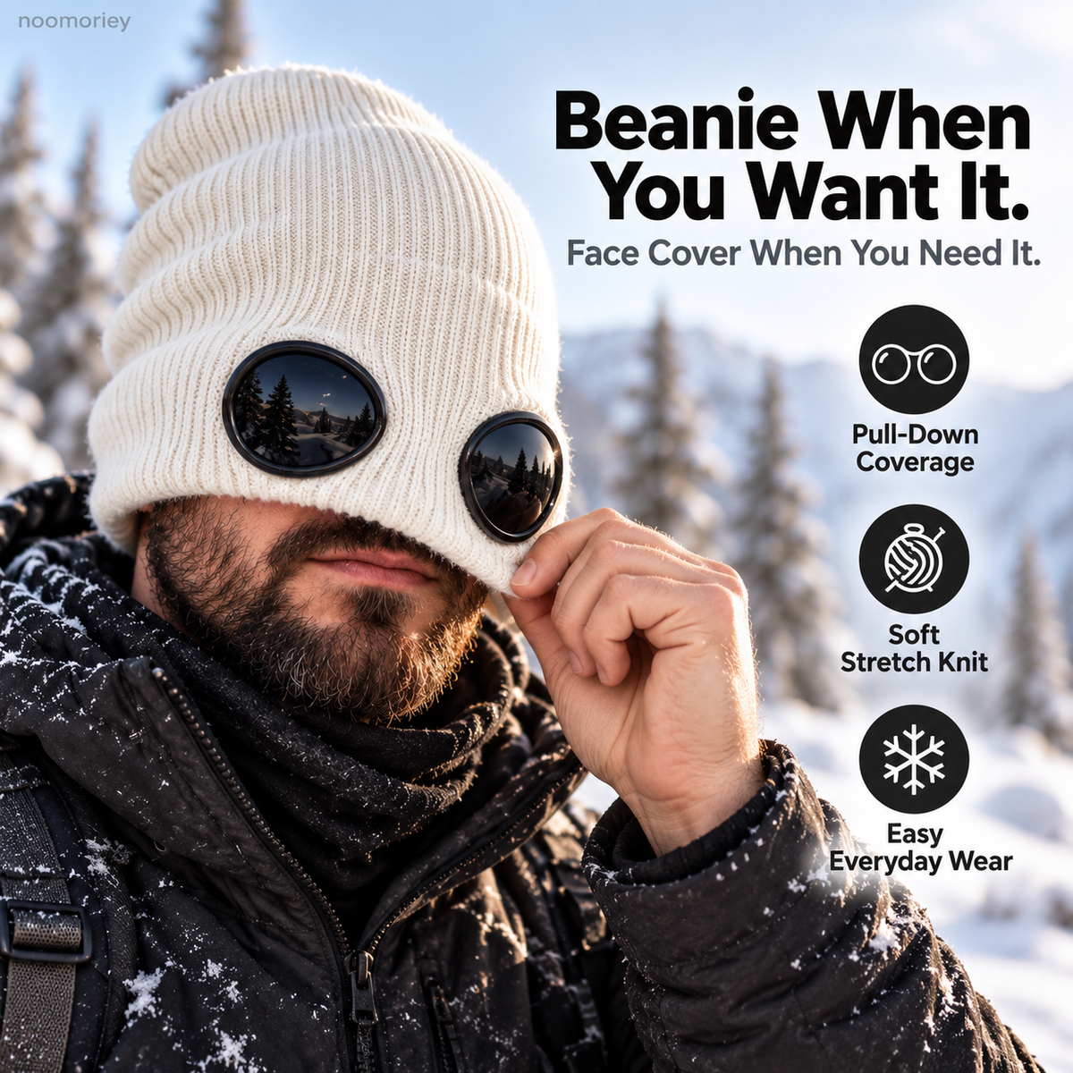 Goggle Beanie Winter Hat – Funny Knit Pull-Down Hat with Built-In Lenses