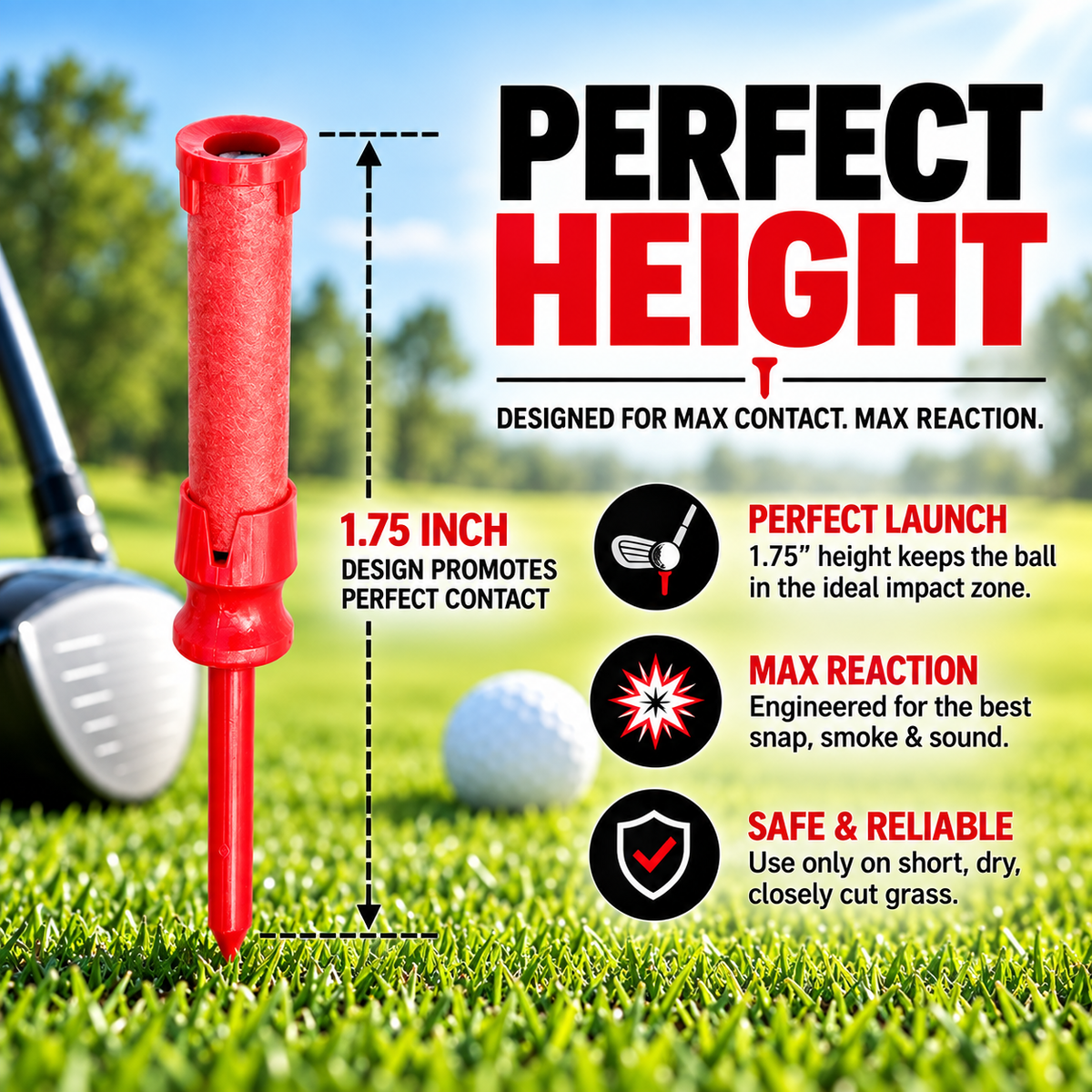 dhtExploding Golf Tees – 1.75" Reaction Tees with Snap & Smoke Effect