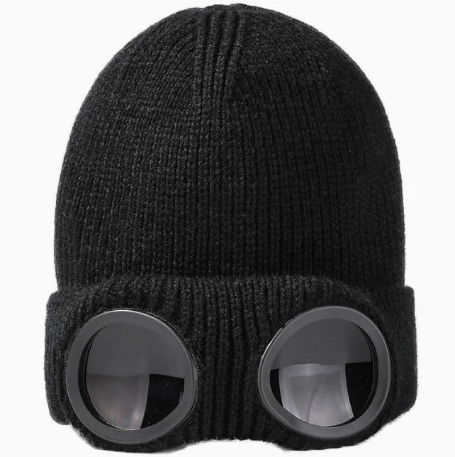 Goggle Beanie Winter Hat – Funny Knit Pull-Down Hat with Built-In Lenses