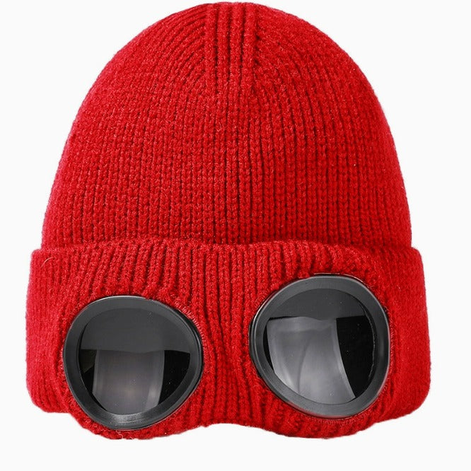 Goggle Beanie Winter Hat – Funny Knit Pull-Down Hat with Built-In Lenses