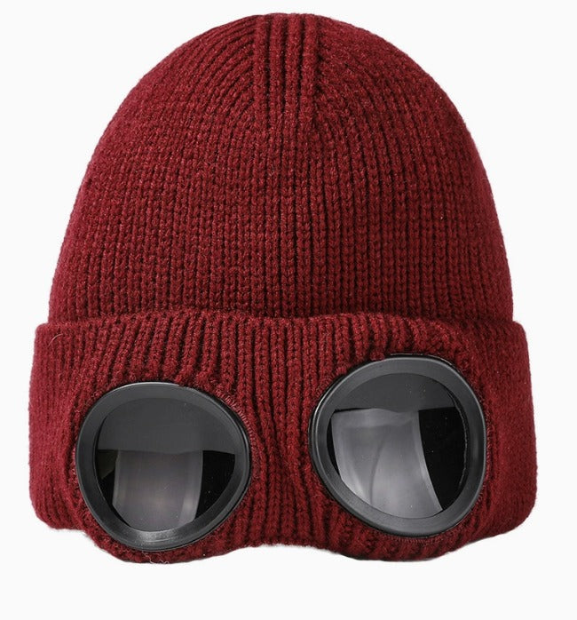 Goggle Beanie Winter Hat – Funny Knit Pull-Down Hat with Built-In Lenses