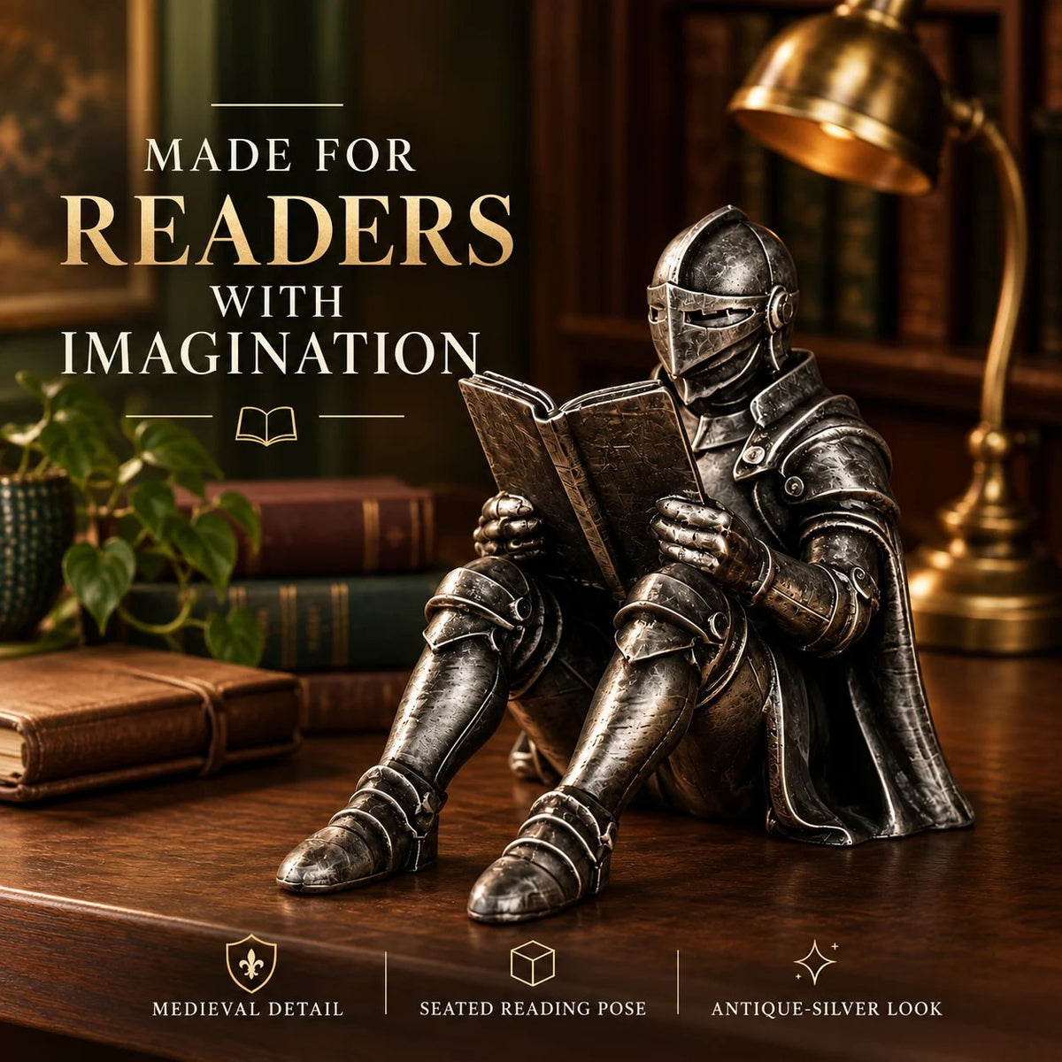 Reading Knight Bookshelf Statue | Medieval Fantasy Bookend Décor