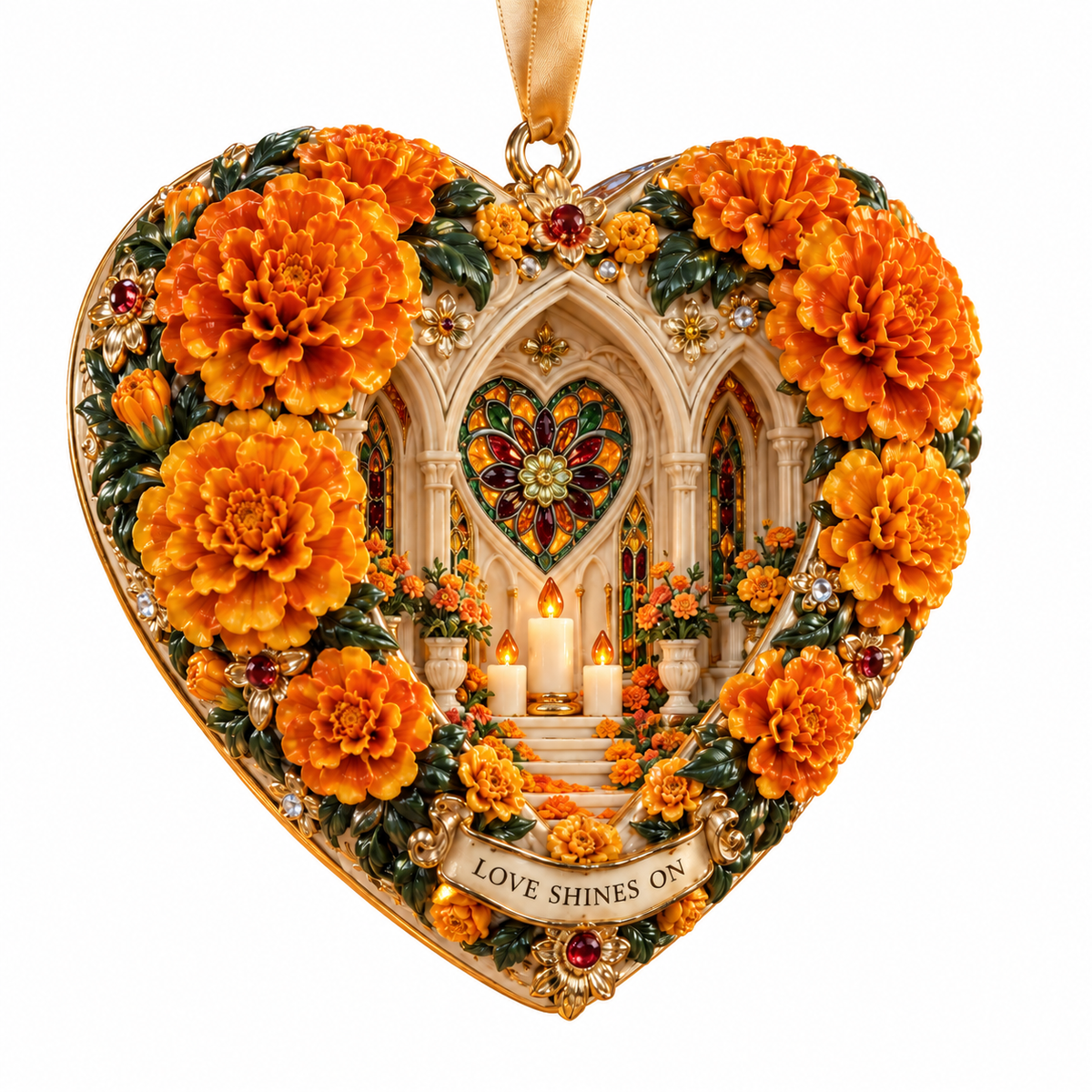 Día de Muertos Marigold Heart Ornaments –  “Forever in Our Hearts” Memorial Keepsake Collection