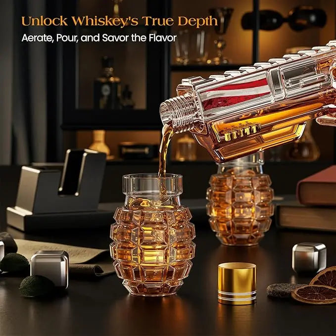 Military Flag Whiskey Decanter Set – Premium Glass Decanter with Grenade Shot Glasses & Luxury Gift Box